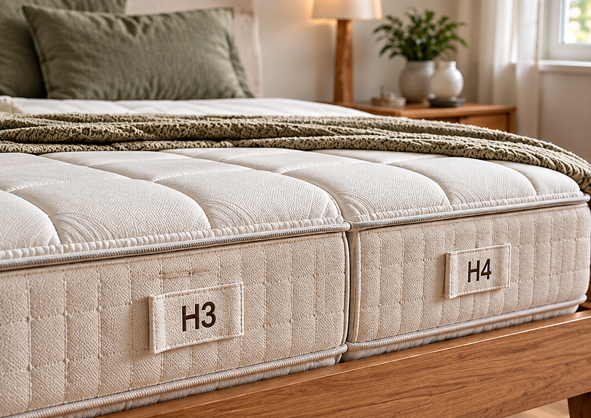 H3 vs H4 mattress firmness comparison showing two quilted mattress sections with different firmness labels in a cozy bedroom.